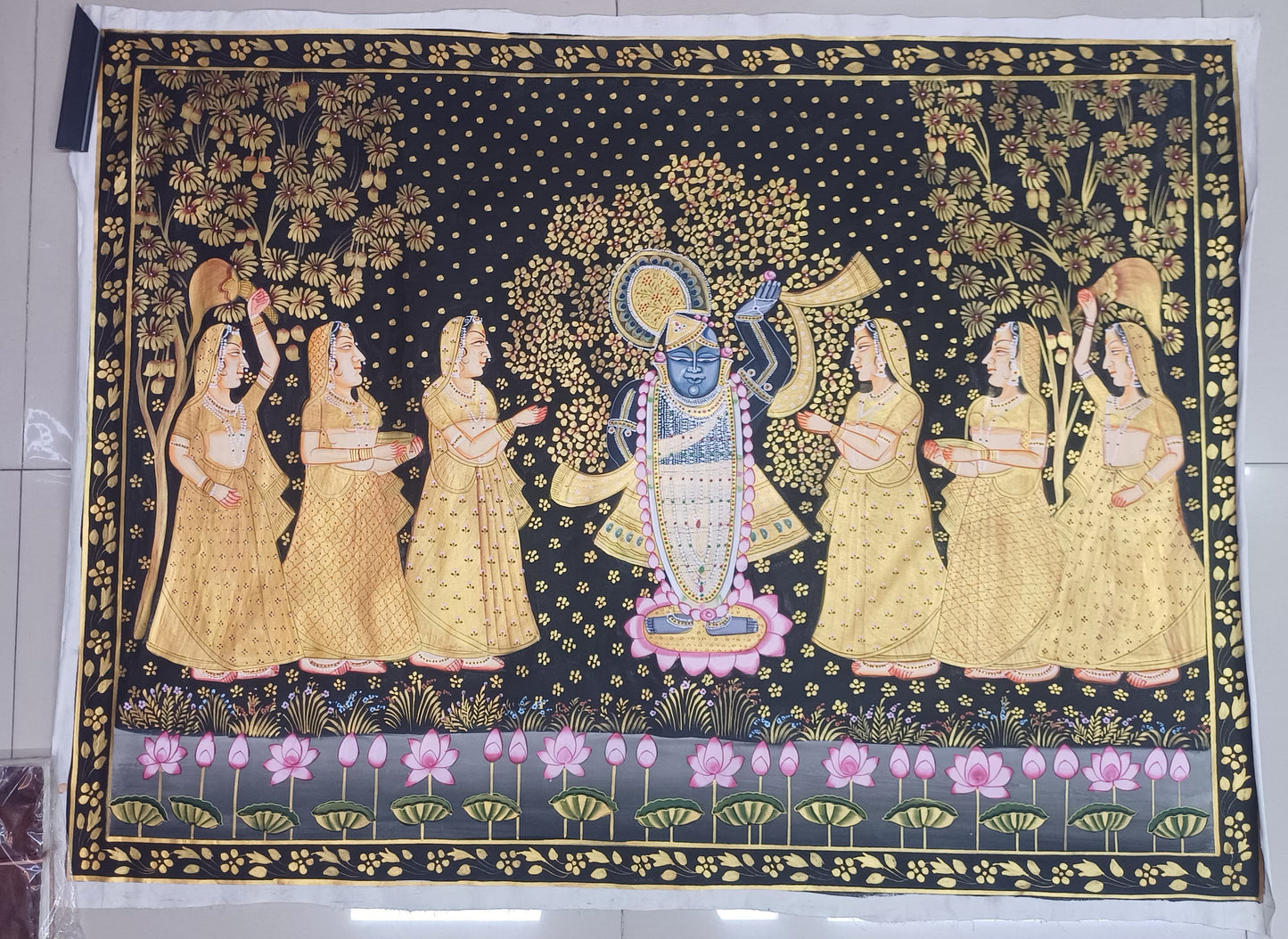 Original Shrinathji With Gopis In Magical Forest Pichwai Painting For Home Wall Decor