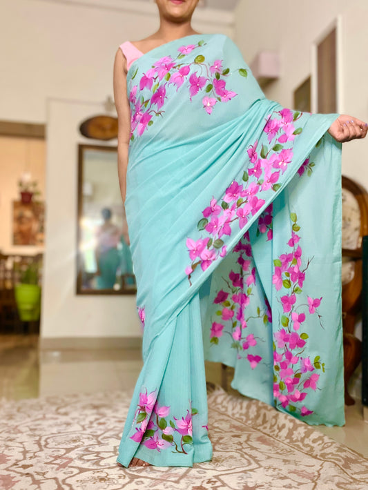 Hand-Painted Bougainville Saree With Cut Dana & Sitara Hand Embroidery