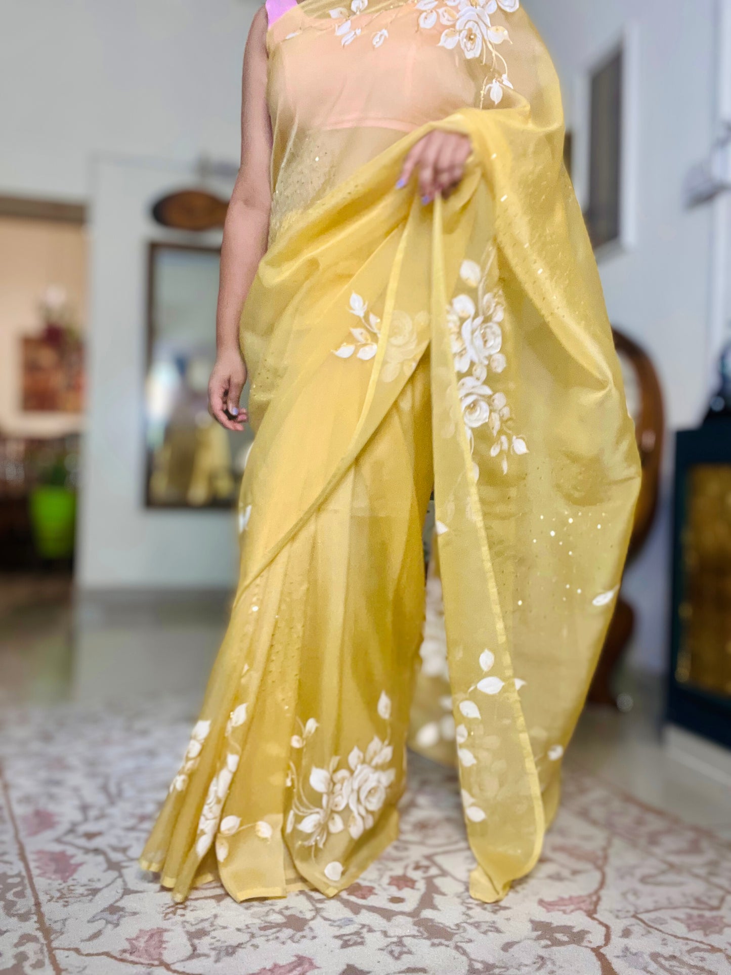 Hand-Painted White & Gold Rose Saree With Cut Dana & Sitara
