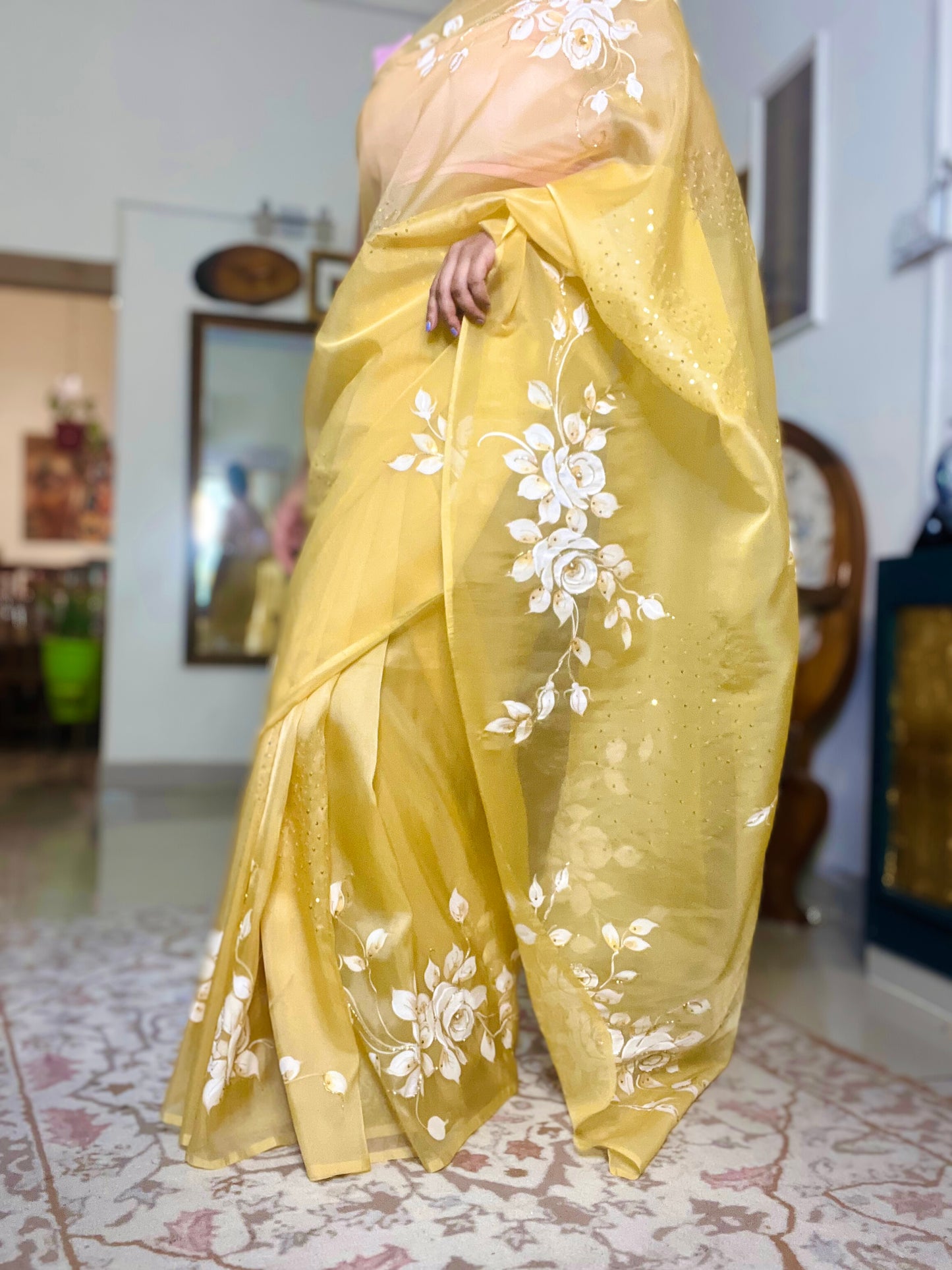 Hand-Painted White & Gold Rose Saree With Cut Dana & Sitara