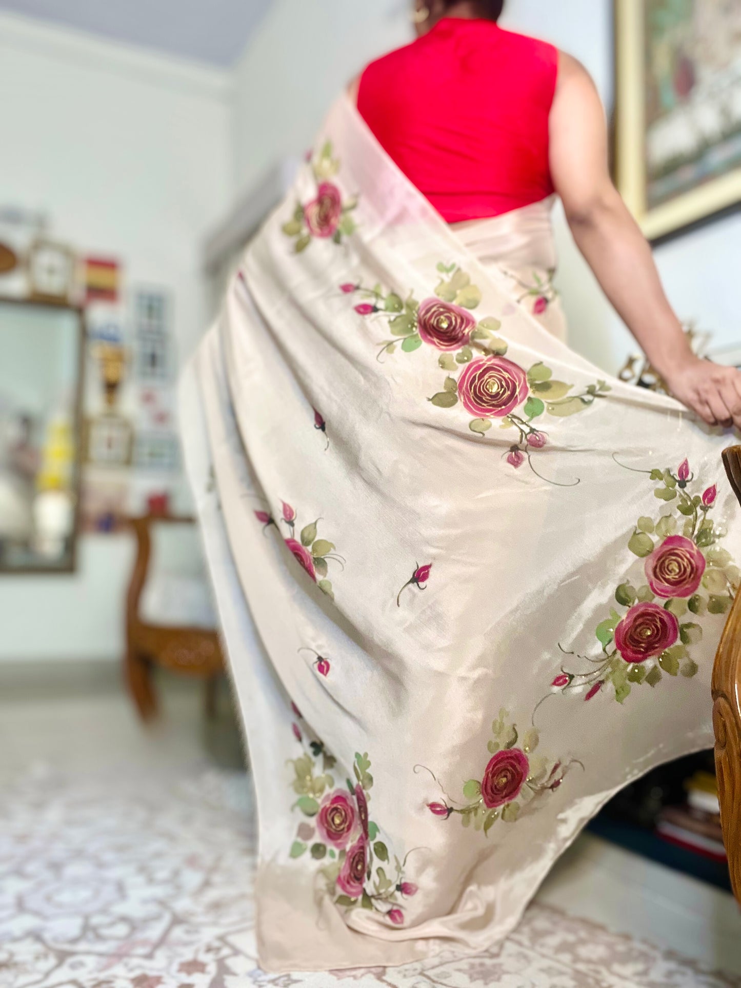 Rosé Fleur Hand-Painted Saree