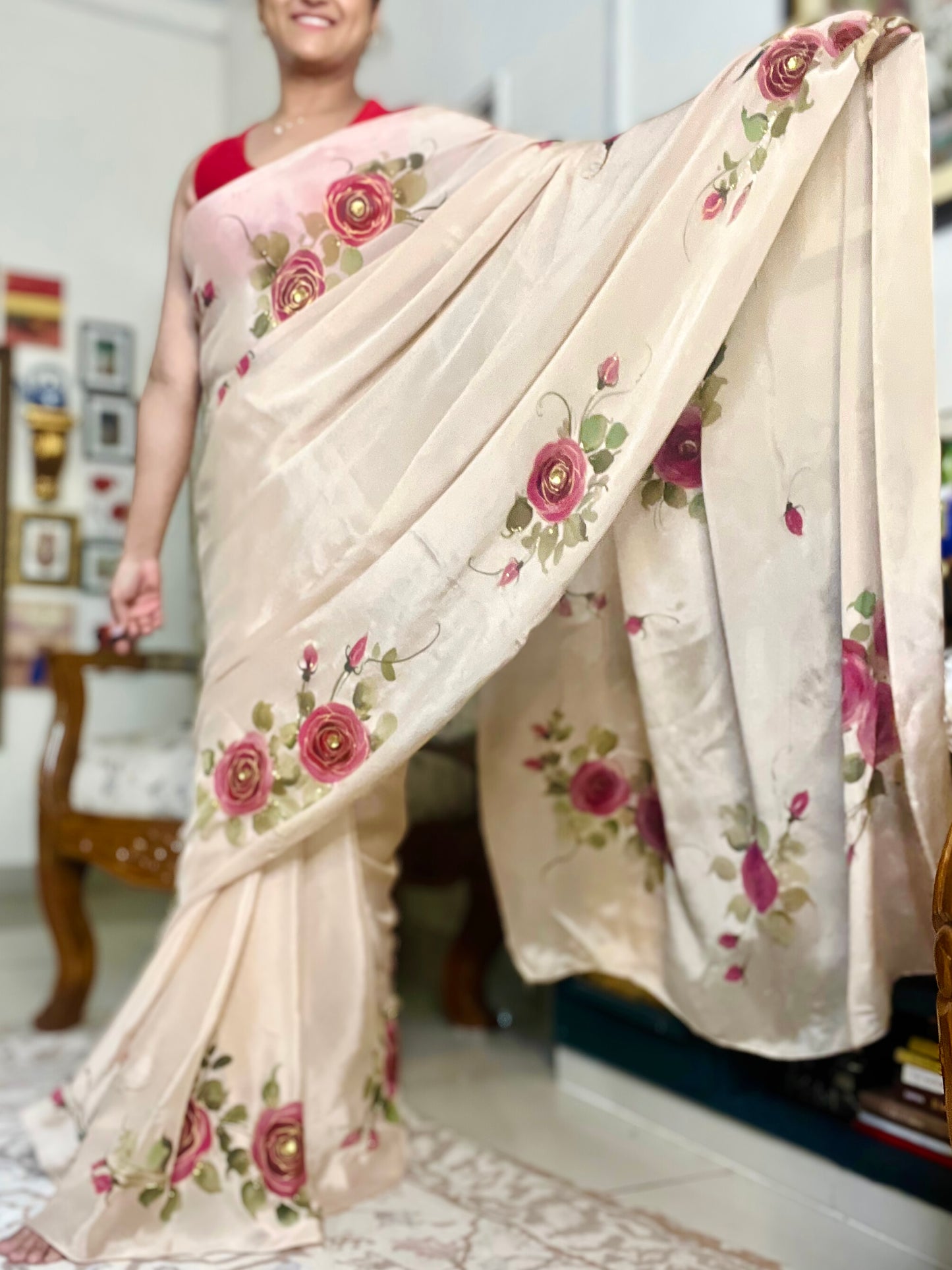 Rosé Fleur Hand-Painted Saree