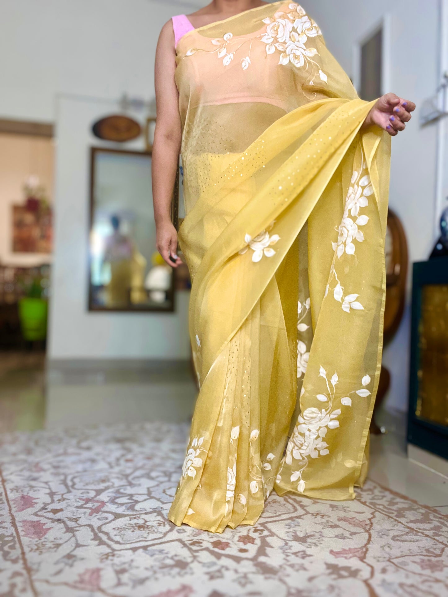 Hand-Painted White & Gold Rose Saree With Cut Dana & Sitara