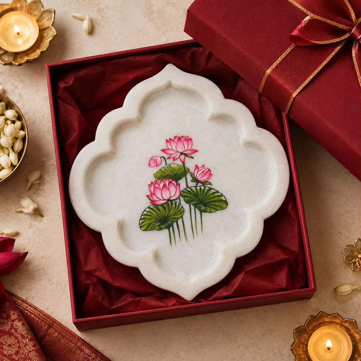 Handpainted Pichwai Art Marble Platter Kamal Talai
